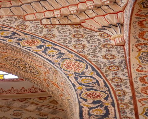 architectural details inside a traditional Hungarian bath with ornate tiles